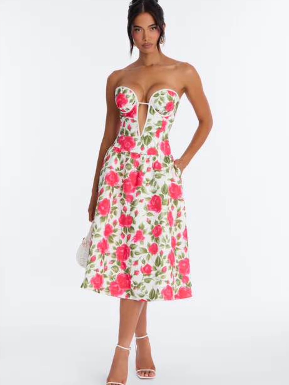 Fashion Nova White Strapless Floral Midi Dress with Pink Roses